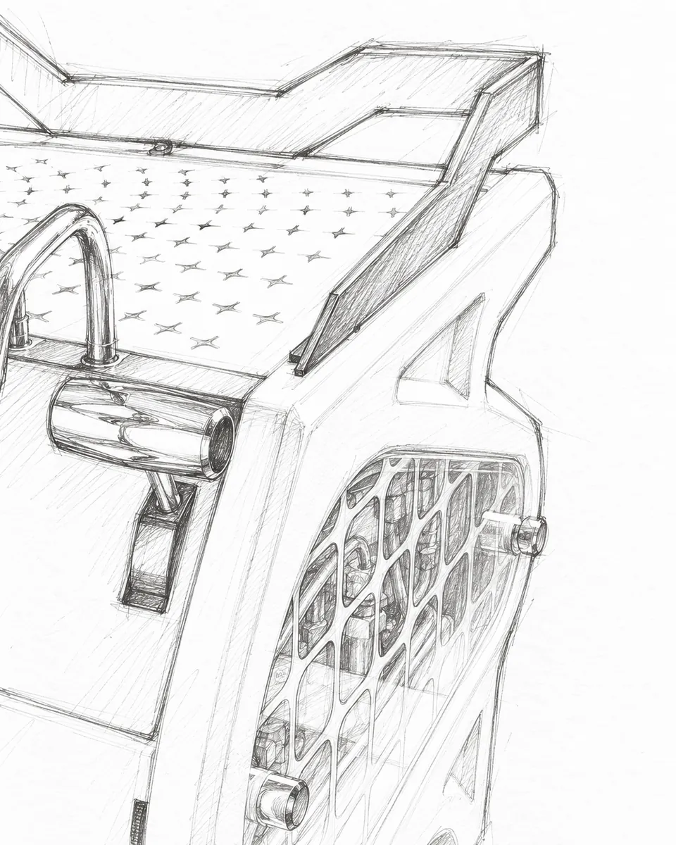 Hand-drawn pencil sketch of the BIGFACE La Marzocco Strada top corner, star-perforated tray and the grid cut into the side window